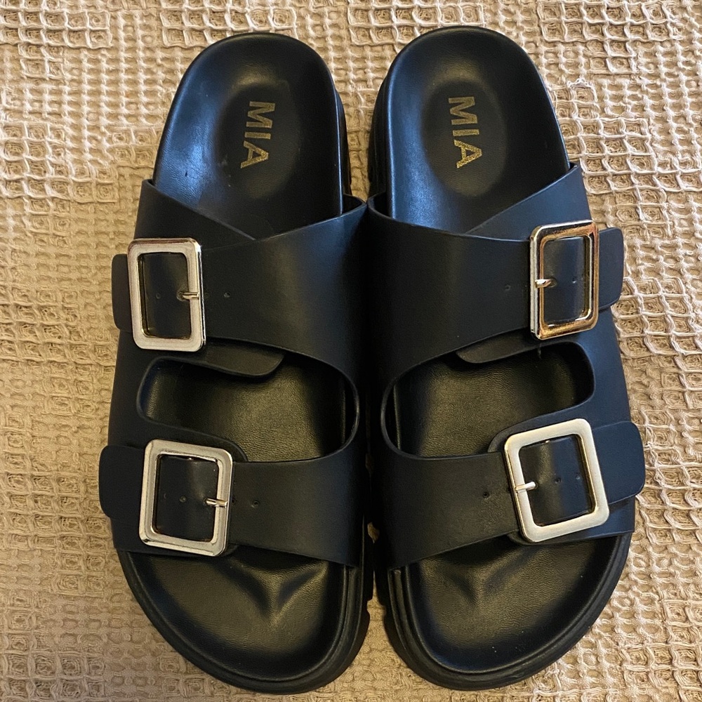 MIA Black Slides with Silver Buckles